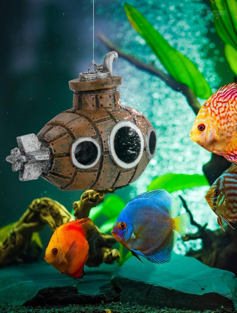 Fish Tank Decoration Featuring A Floating Submarine 5